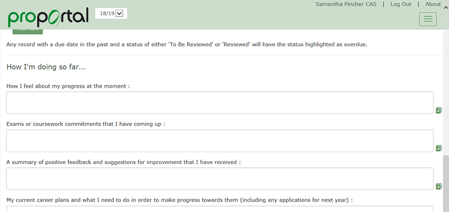 screen grab of the proportal progress review screen